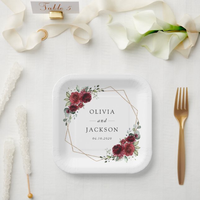 Assiettes En Carton Fleurs Bourgognes, Fleurs rouges, Mariage Floral (Mariage)