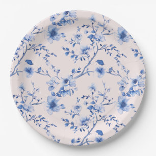 Assiettes En Carton Fleurs chinoiserie bleu et rose