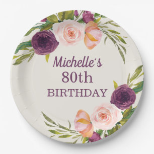 Assiettes En Carton Fleurs Crème Rose Violet 80e Anniversaire