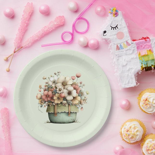 Assiettes En Carton Fleurs dans un pot Cozy Shabby Mignon (Fête)