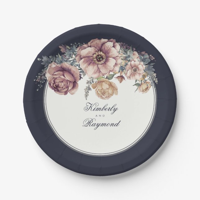 Assiettes En Carton Fleurs d'aquarelle bleu marine et mauve Vintage (Devant)