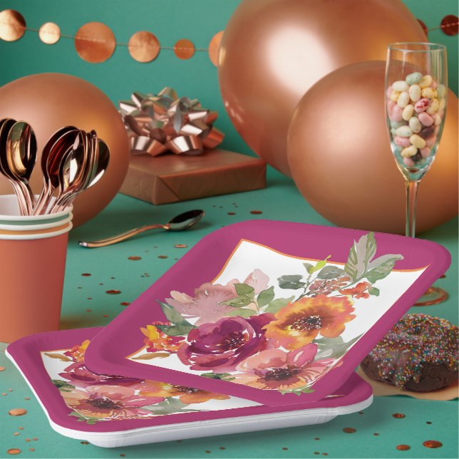 Assiettes En Carton Fleurs d'aquarelle Bourgogne et orange (Multi)