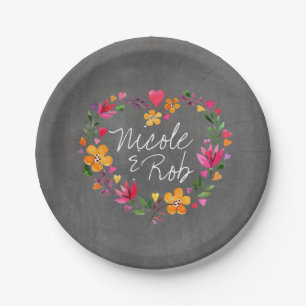Assiettes En Carton Fleurs d'aquarelle couronne de coeur gris tablea