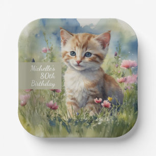 Assiettes En Carton Fleurs d'aquarelle de chat 80e anniversaire