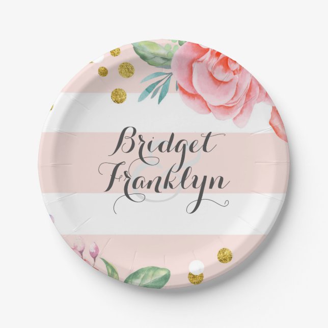 Assiettes En Carton Fleurs d'Aquarelle de Confetti Or en Grilles Roses (Devant)