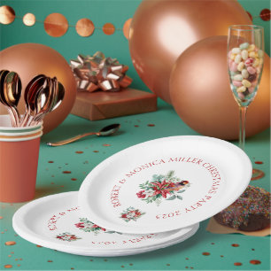 Assiettes En Carton Fleurs d'aquarelle de Noël, feuille et oiseau