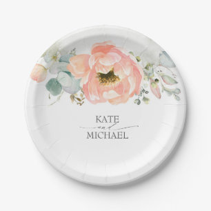 Assiettes En Carton Fleurs d'aquarelle de pêche Mariage élégant