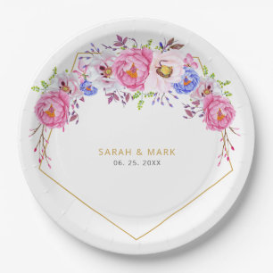 Assiettes En Carton Fleurs d'aquarelle et Mariage de trame or
