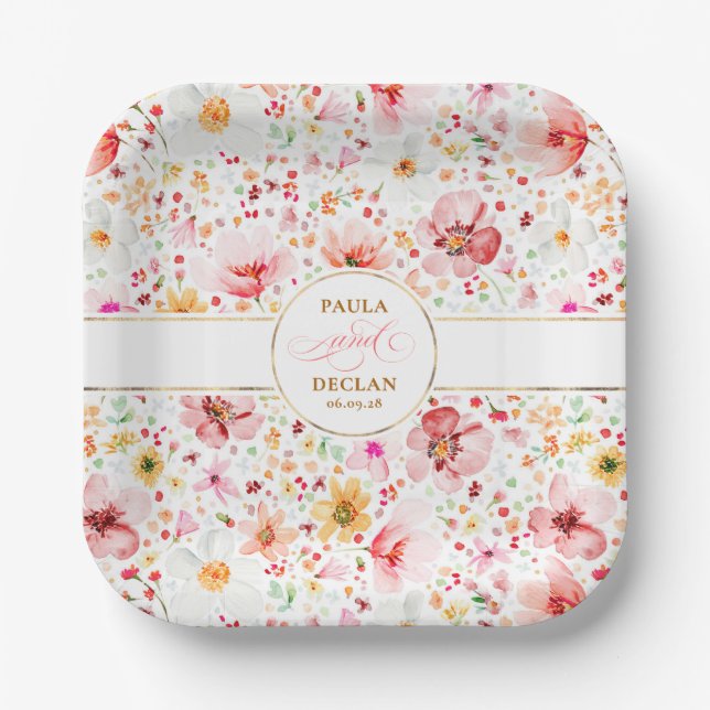 Assiettes En Carton Fleurs d'aquarelle romantique Boho Garden Mariage (Recto)