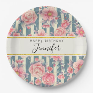 Assiettes En Carton Fleurs d'aquarelle rose sur rayures Anniversaire