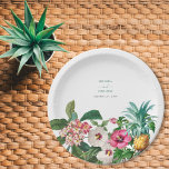 Assiettes En Carton Fleurs d'aquarelle tropicale et Mariage de verdure<br><div class="desc">Une belle aquarelle tropicale fleurie et un design mariage de verdure. Un design unique qui utilise des plantes vintages d'aquarelle comme Hibiscus, Plumeria et Pineapple palms. Un design floral moderne blanc et tropical avec une touche de verdure. Un design chic de plaque en papier mariage avec des éléments modernes. Des...</div>