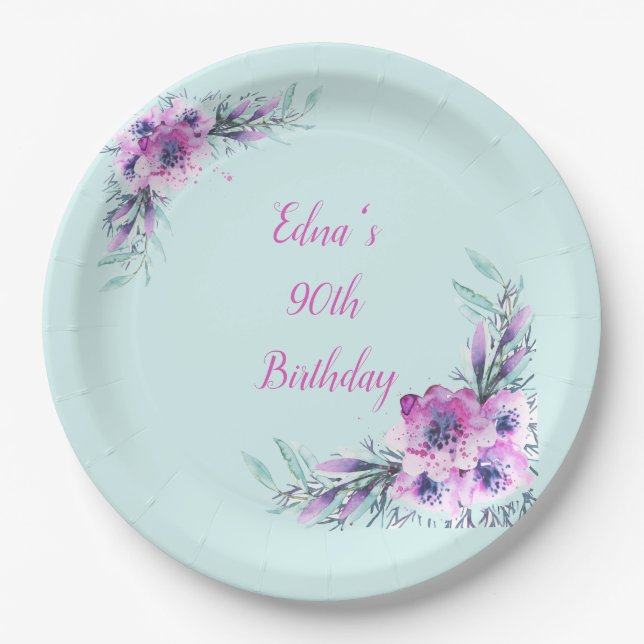 Assiettes En Carton Fleurs d'aquarelle turquoise et violette 90e (Devant)