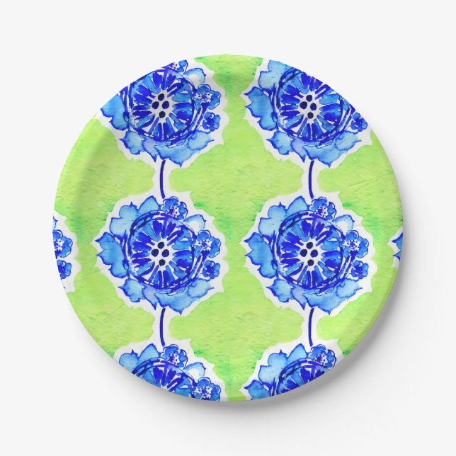 Assiettes En Carton Fleurs d'aquarelle vert et bleu (Devant)
