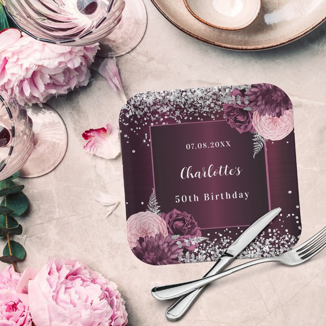 Assiettes En Carton Fleurs d'argent bourgogne anniversaire (Créateur téléchargé)