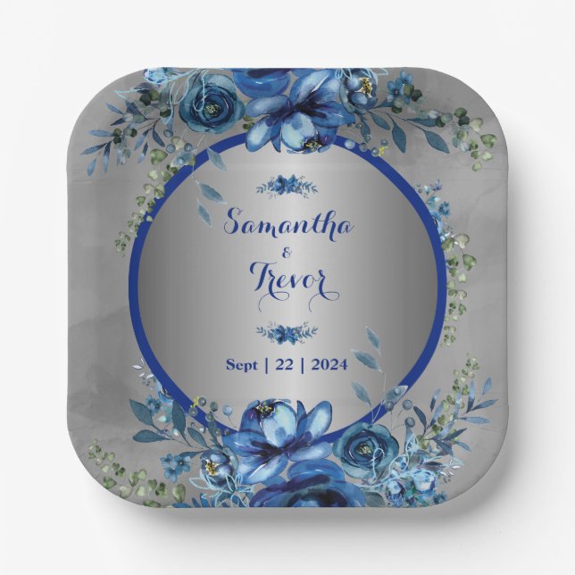 Assiettes En Carton Fleurs d'argent Mariage élégant (Recto)