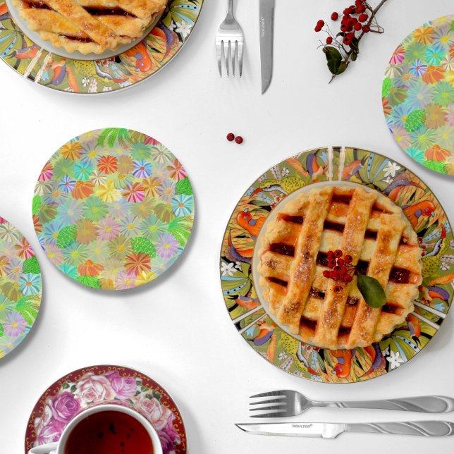 Assiettes En Carton Fleurs d'Aster & Cone & aquarelle tropicale feuill (Créateur téléchargé)