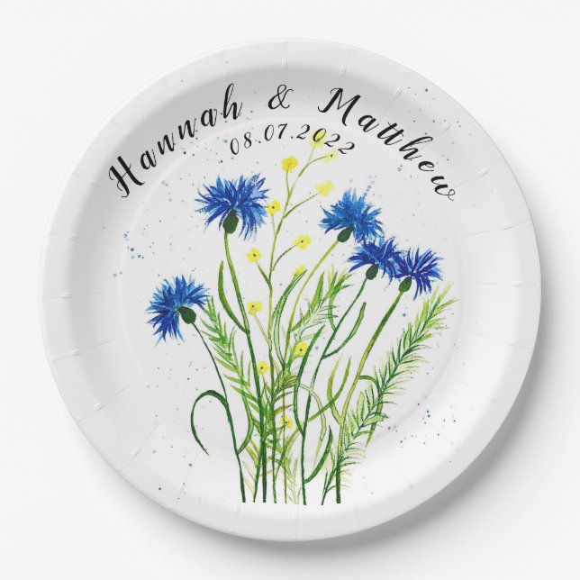 Assiettes En Carton Fleurs de bleuets aquarelle jolie Mariage  (Devant)