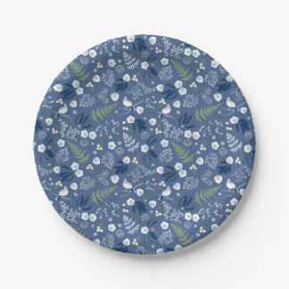 Assiettes En Carton Fleurs de bois fougères oiseaux bleu vert