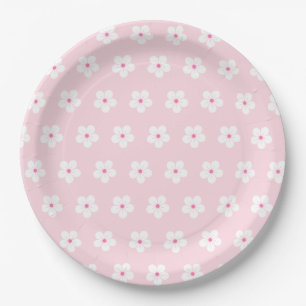 Assiettes En Carton Fleurs de cerises blanches sur rose