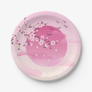 Assiettes En Carton Fleurs de cerisier paysage japonais rose