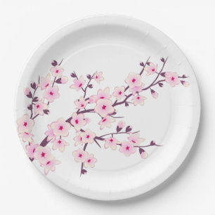 Assiettes En Carton Fleurs de cerisier rose blanc