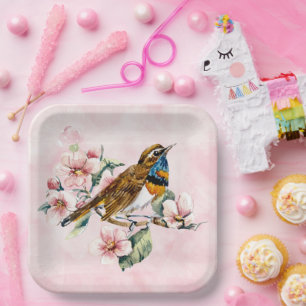 Assiettes En Carton Fleurs de cerisier rose et papier d'oiseau P