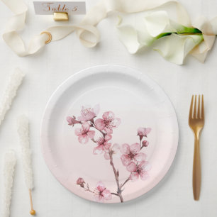 Assiettes En Carton Fleurs de Cerisier Rose Fête de Mariage Romantique