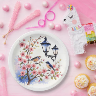 Assiettes En Carton Fleurs de cerisiers et oiseaux