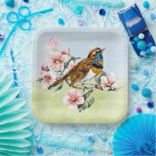 Assiettes En Carton Fleurs de cerisiers roses et oiseaux