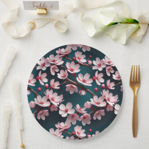 Assiettes En Carton Fleurs de cerisiers roses Turquoises