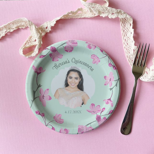 Assiettes En Carton Fleurs de cerisiers roses, Vert menthe, photo (Créateur téléchargé)