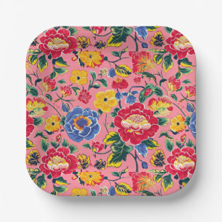 Assiettes En Carton Fleurs de chinoiserie rose vif
