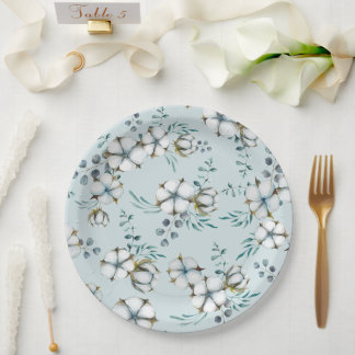 Assiettes En Carton Fleurs de coton et eucalyptus à l'aquarelle