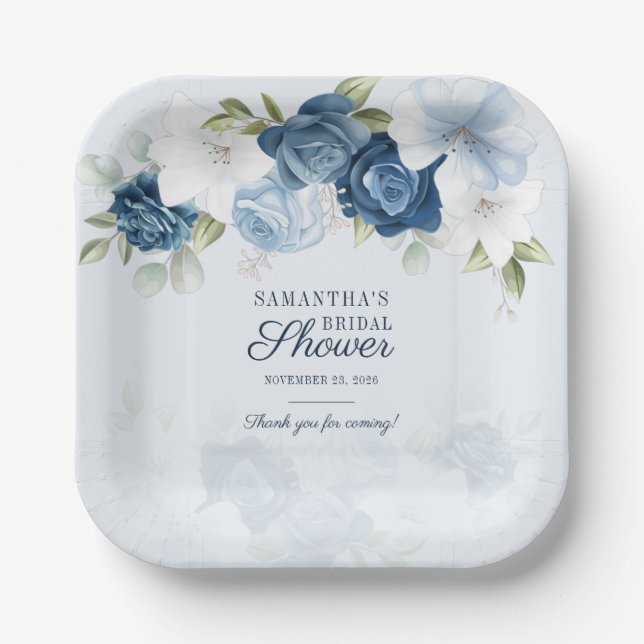 Assiettes En Carton Fleurs de douche de mariage bleu blanc aquarelle f (Recto)