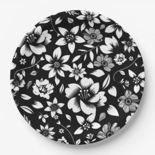 Assiettes En Carton Fleurs de feuilles florales modernes noir blanc qu
