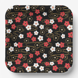 Assiettes En Carton Fleurs de fleurs de cerisier de Sakura noir japona