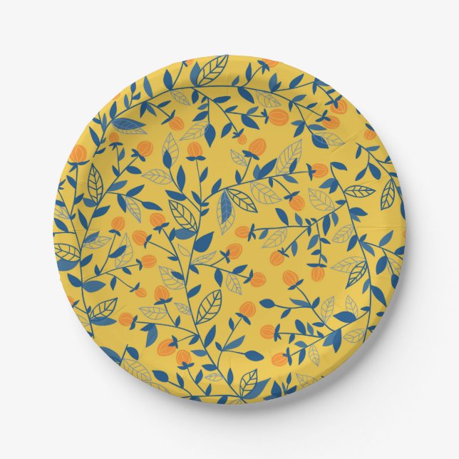 Assiettes En Carton Fleurs de gribouillis en bleu et jaune (Devant)