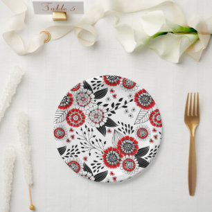 Assiettes En Carton Fleurs de gribouillis et feuilles en rouge et noir