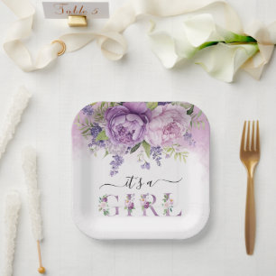 Assiettes En Carton Fleurs De Jardin Violet Et Rose Baby shower Fille