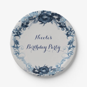 Assiettes En Carton Fleurs de mariage florales élégantes vintage bleue
