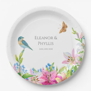 Assiettes En Carton Fleurs de mariage Lys et oiseaux Aquarelle