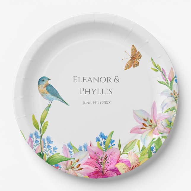 Assiettes En Carton Fleurs de mariage Lys et oiseaux Aquarelle (Devant)