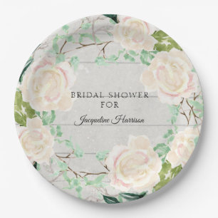Assiettes En Carton Fleurs de mariage rustiques en bois, rose ivoire p