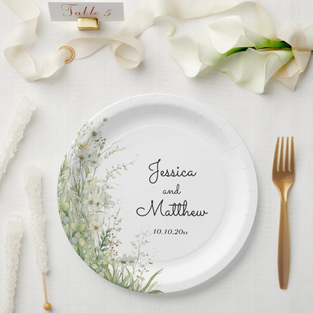Assiettes En Carton Fleurs de mariage vert sauge poussiéreux (Mariage)