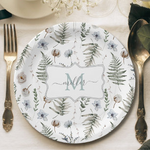 Assiettes En Carton Fleurs de monogramme et feuilles de fougère floral