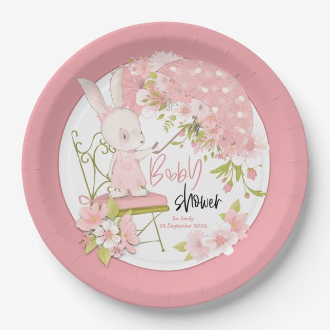 Assiettes En Carton Fleurs de parapluie lapin Nom Date Baby shower ros (Devant)
