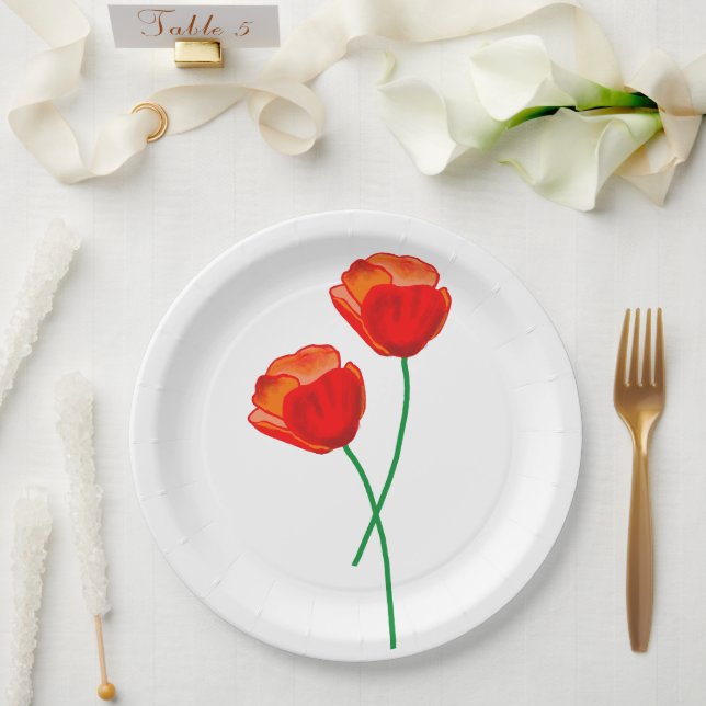 Assiettes En Carton Fleurs de pavot rouge (Mariage)