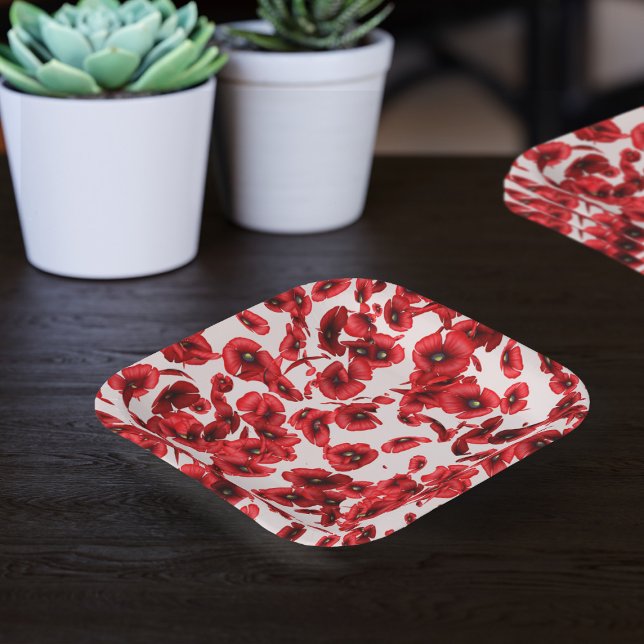 Assiettes En Carton Fleurs de pavot rouge en cascade de pavots Floral (A poppy pattern paper plate for you to pop your popcorn on. Perfect for poppy parties and picnics)