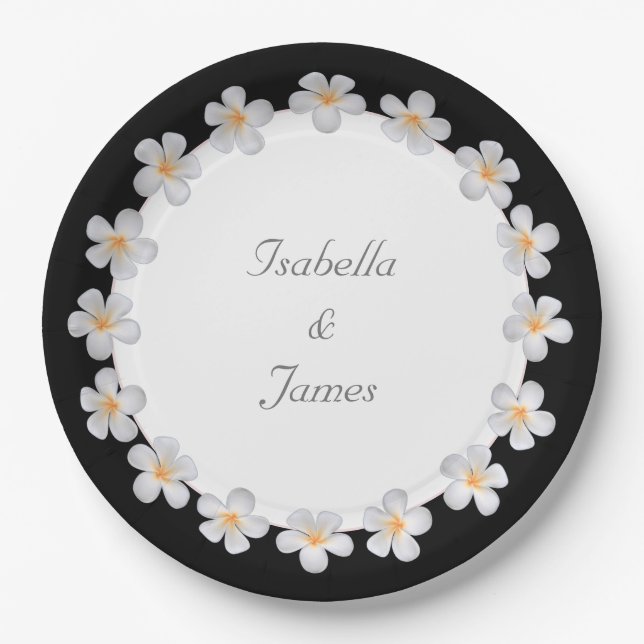 Assiettes En Carton Fleurs de Plumeria blanches sur Mariage Noir et Bl (Devant)