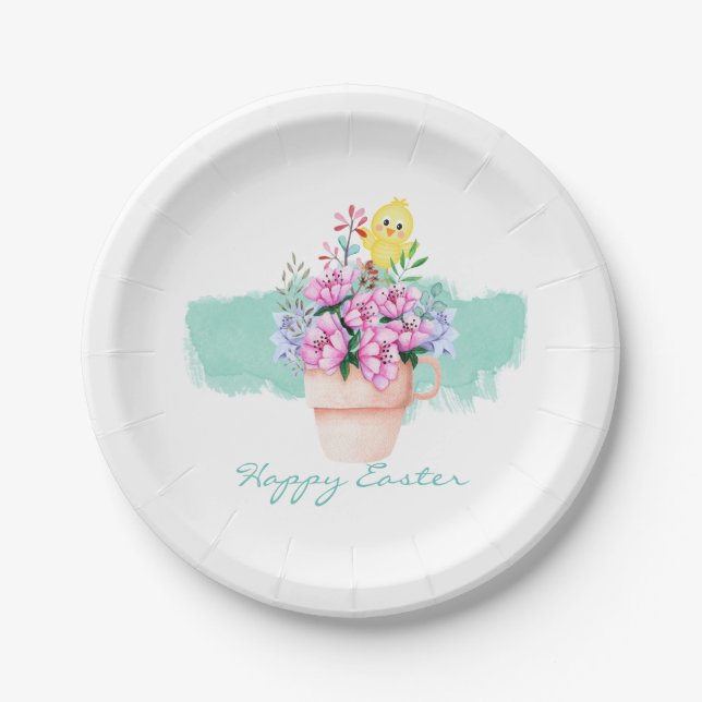 Assiettes En Carton Fleurs de printemps avec poussins de Pâques (Devant)